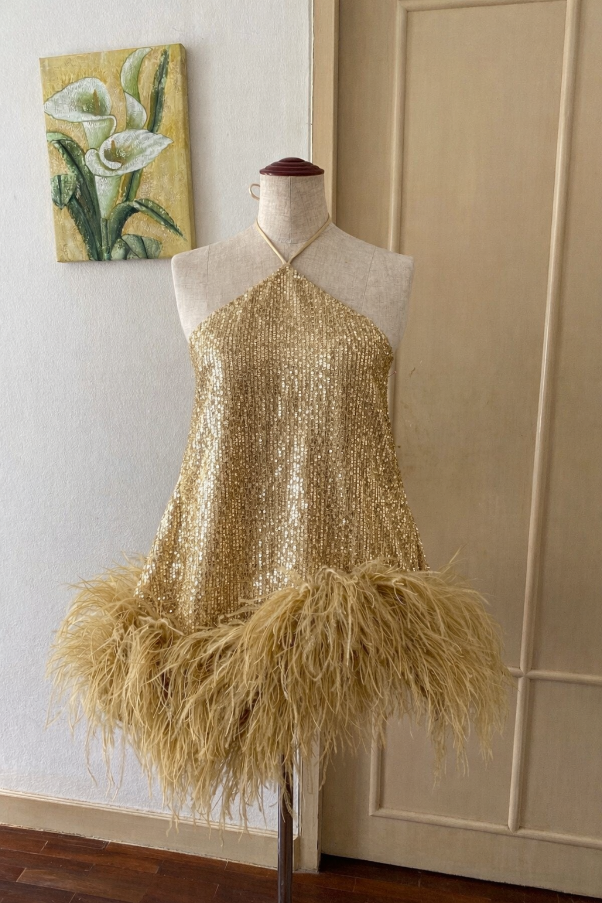 Golden Sequin Halter Mini Dress with Feather Hem