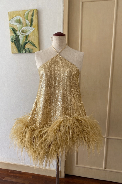 Golden Sequin Halter Mini Dress with Feather Hem