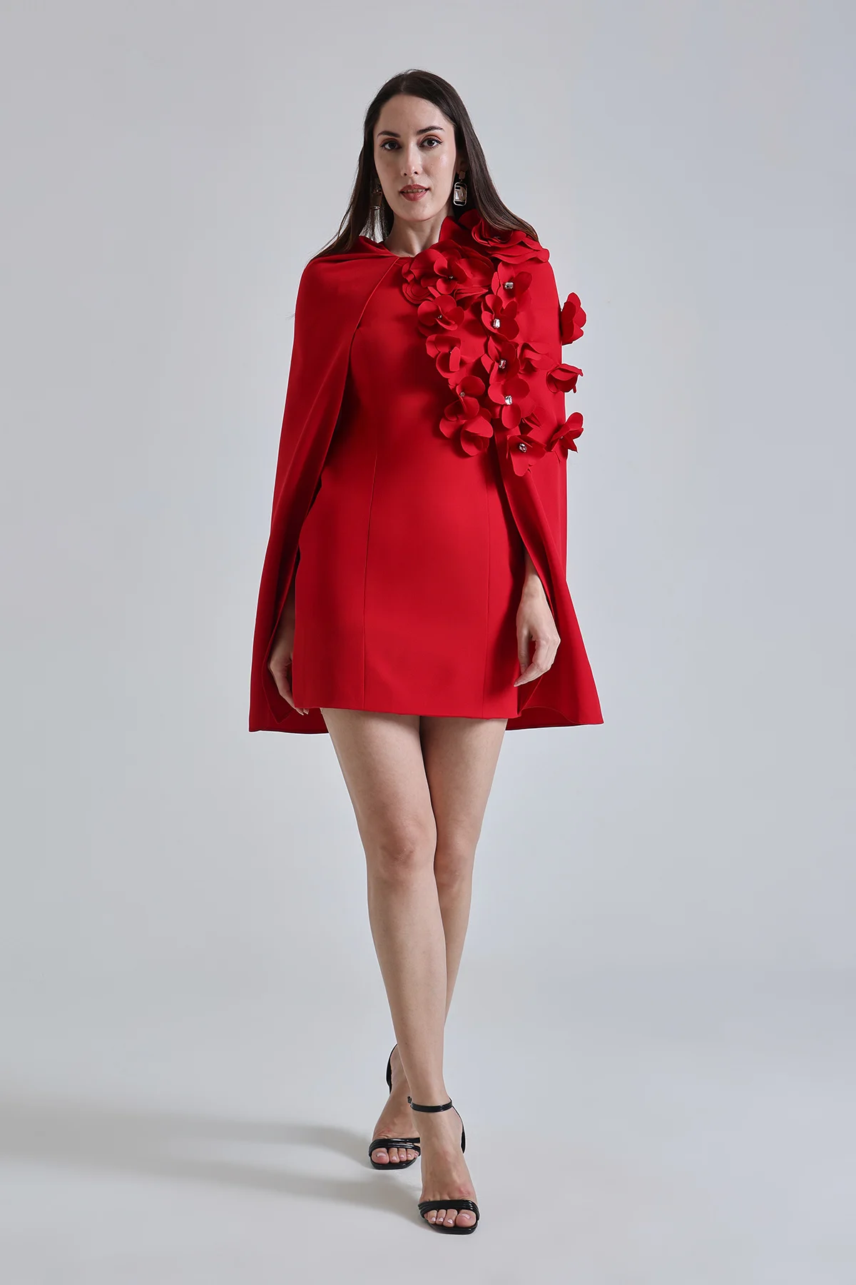 Red Petal Embellished Cape Dress