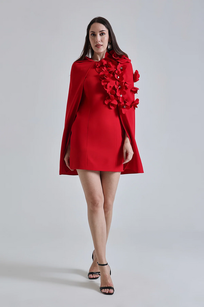 Red Petal Embellished Cape Dress