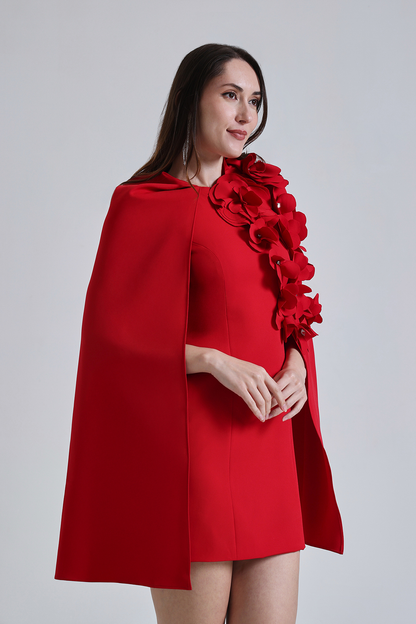 Red Petal Embellished Cape Dress