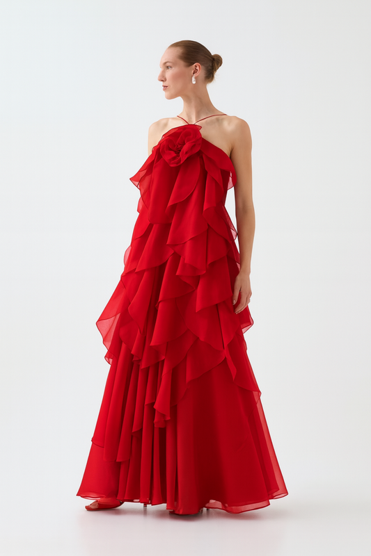 Red Ruffle layered gown