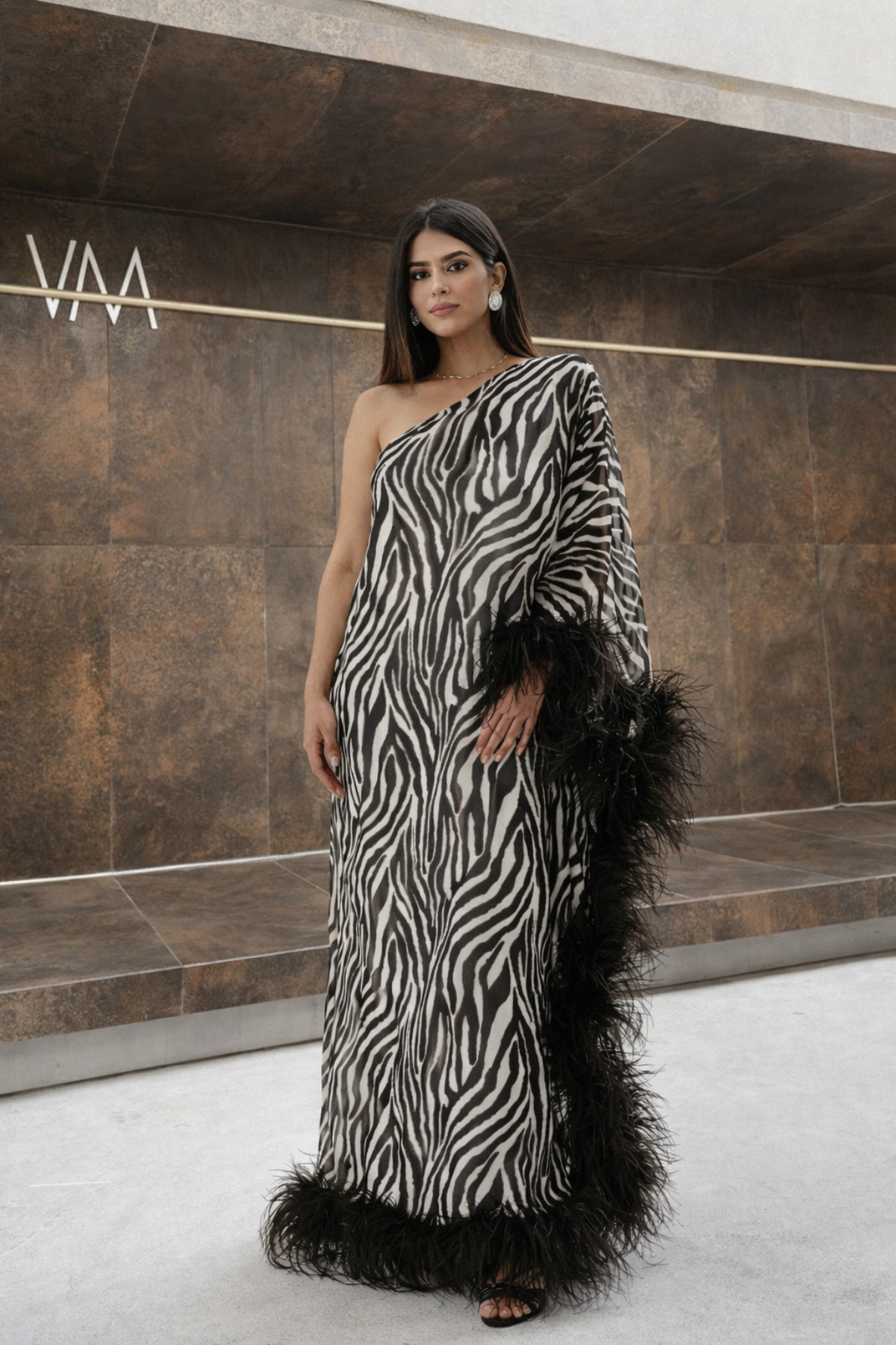 Zebra Feather Luxe One-Shoulder Kaftan