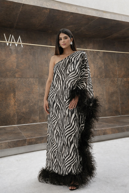 Zebra Feather Luxe One-Shoulder Kaftan