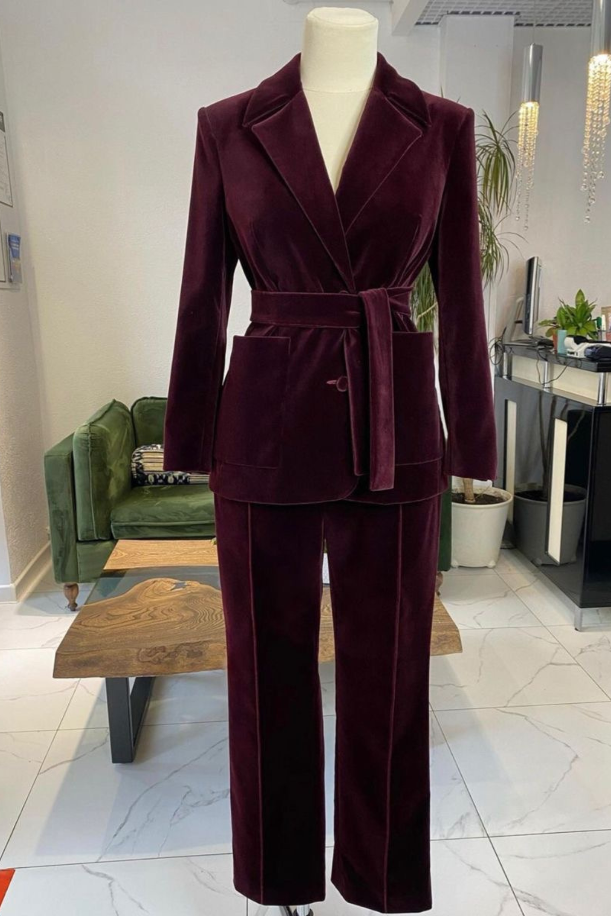 Burgundy Velvet Belted Blazer Co-Ord Set