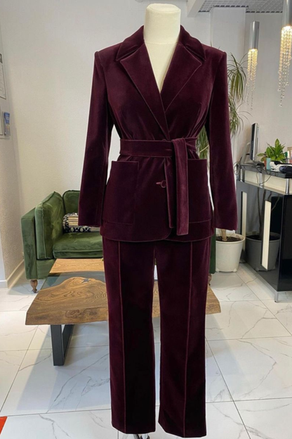 Burgundy Velvet Belted Blazer Co-Ord Set