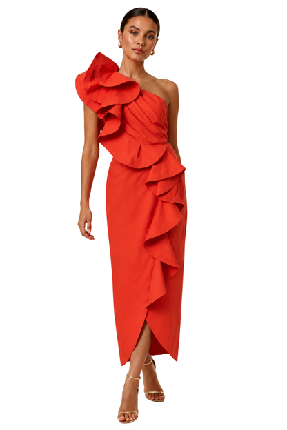 One-Shoulder Ruffle Midi Dress