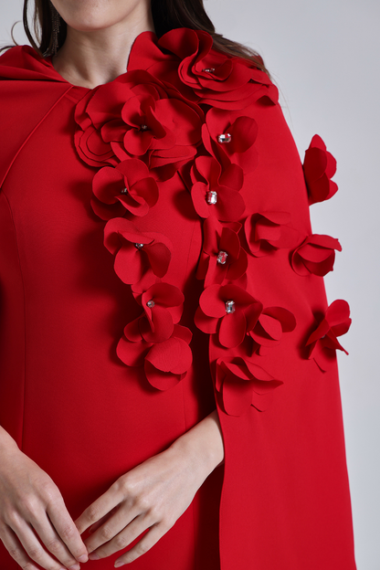 Red Petal Embellished Cape Dress