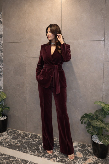Burgundy Velvet Belted Blazer Co-Ord Set