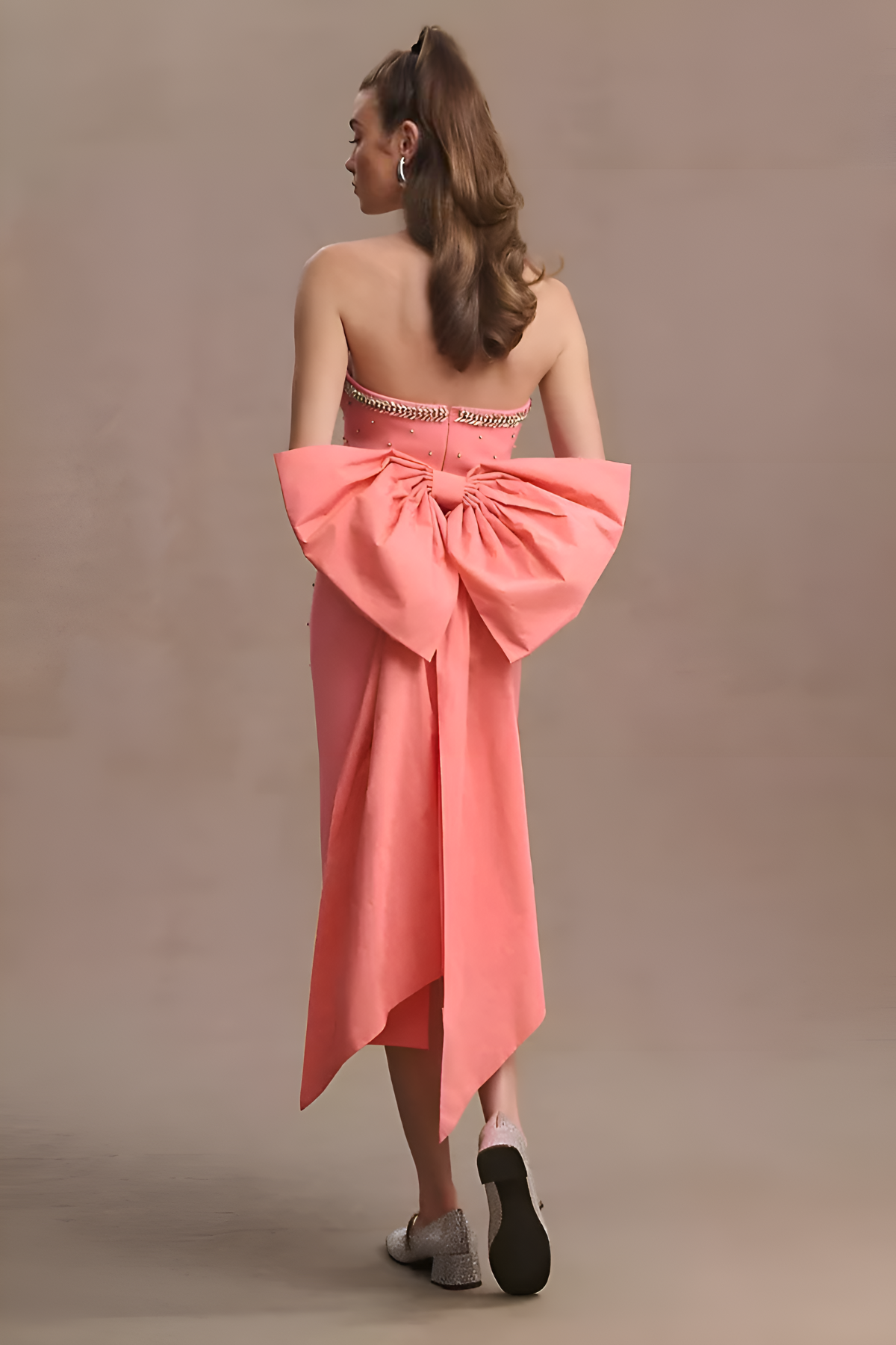 Peach Elegance Embellished Bow Dress