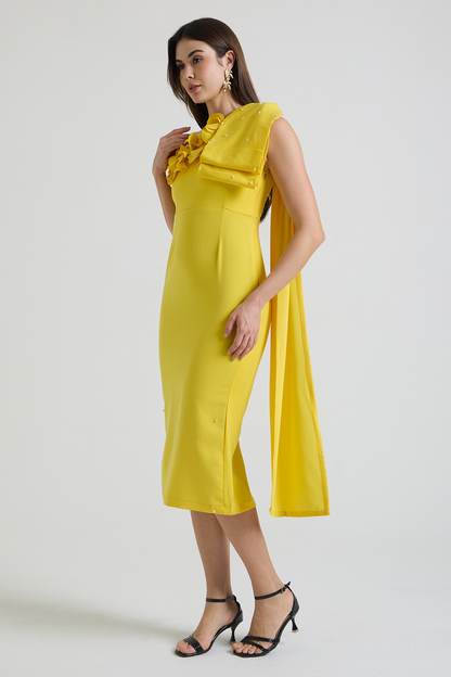 Yellow One-shoulder Petal Bow Falling Dress