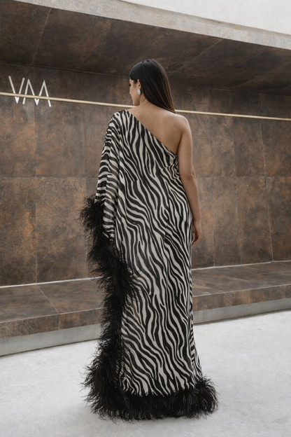 Zebra Feather Luxe One-Shoulder Kaftan