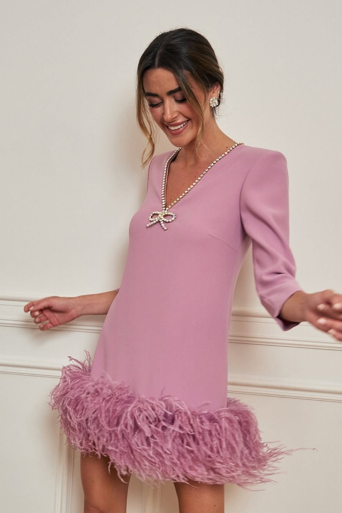 Rhinestone bow embellished feather dress