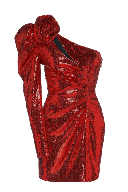 Red Luxe One-Shoulder Sequins Dress