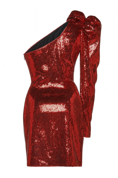Red Luxe One-Shoulder Sequins Dress