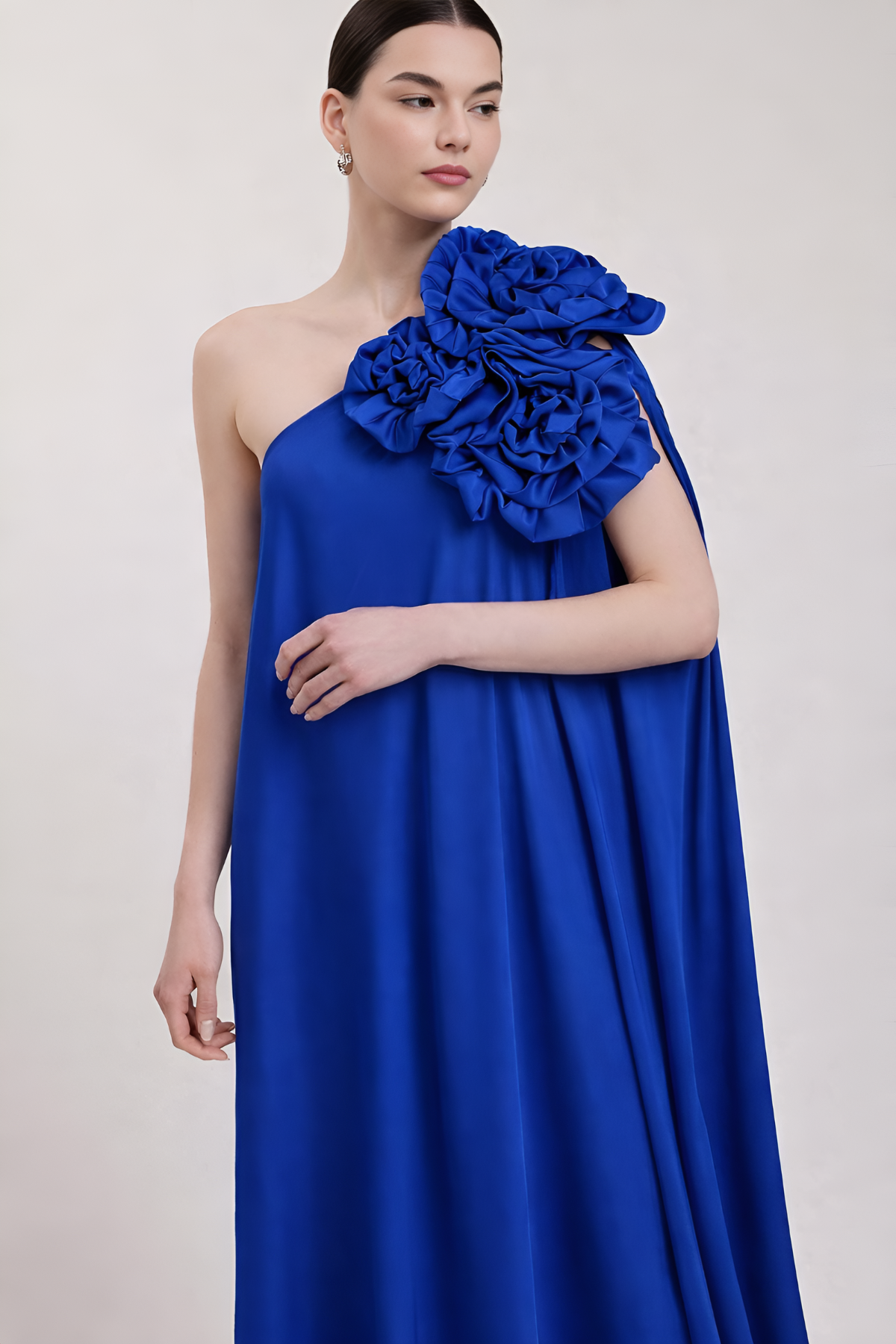 Royal Blue One-Shoulder Floral Drape Gown