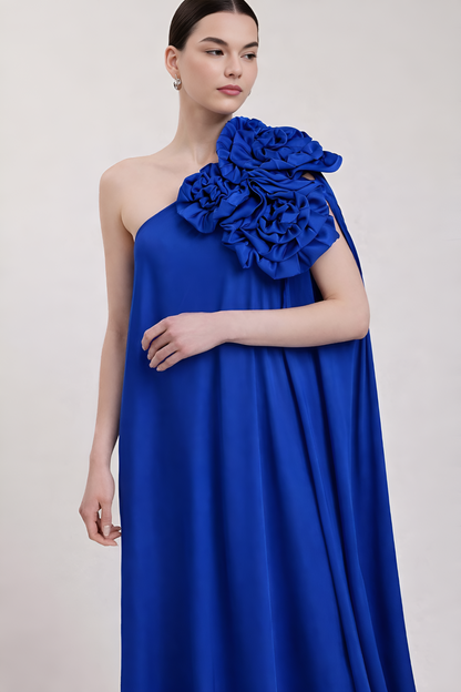 Royal Blue One-Shoulder Floral Drape Gown