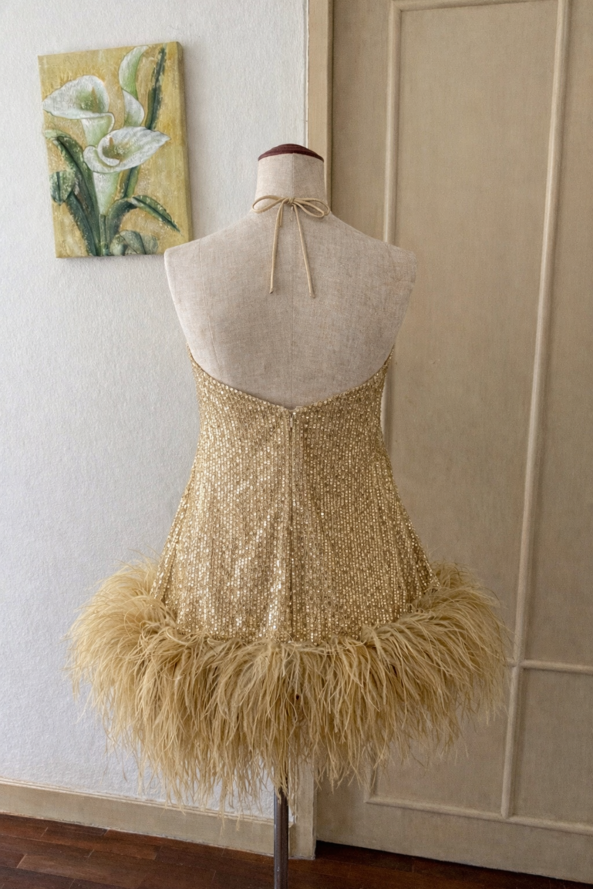 Golden Sequin Halter Mini Dress with Feather Hem