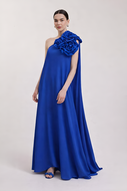 Royal Blue One-Shoulder Floral Drape Gown