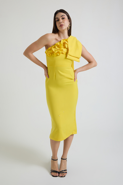 Yellow One-shoulder Petal Bow Falling Dress