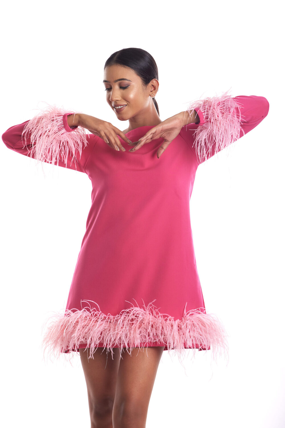 Hot Pink Backless Feather Dress - Image 3